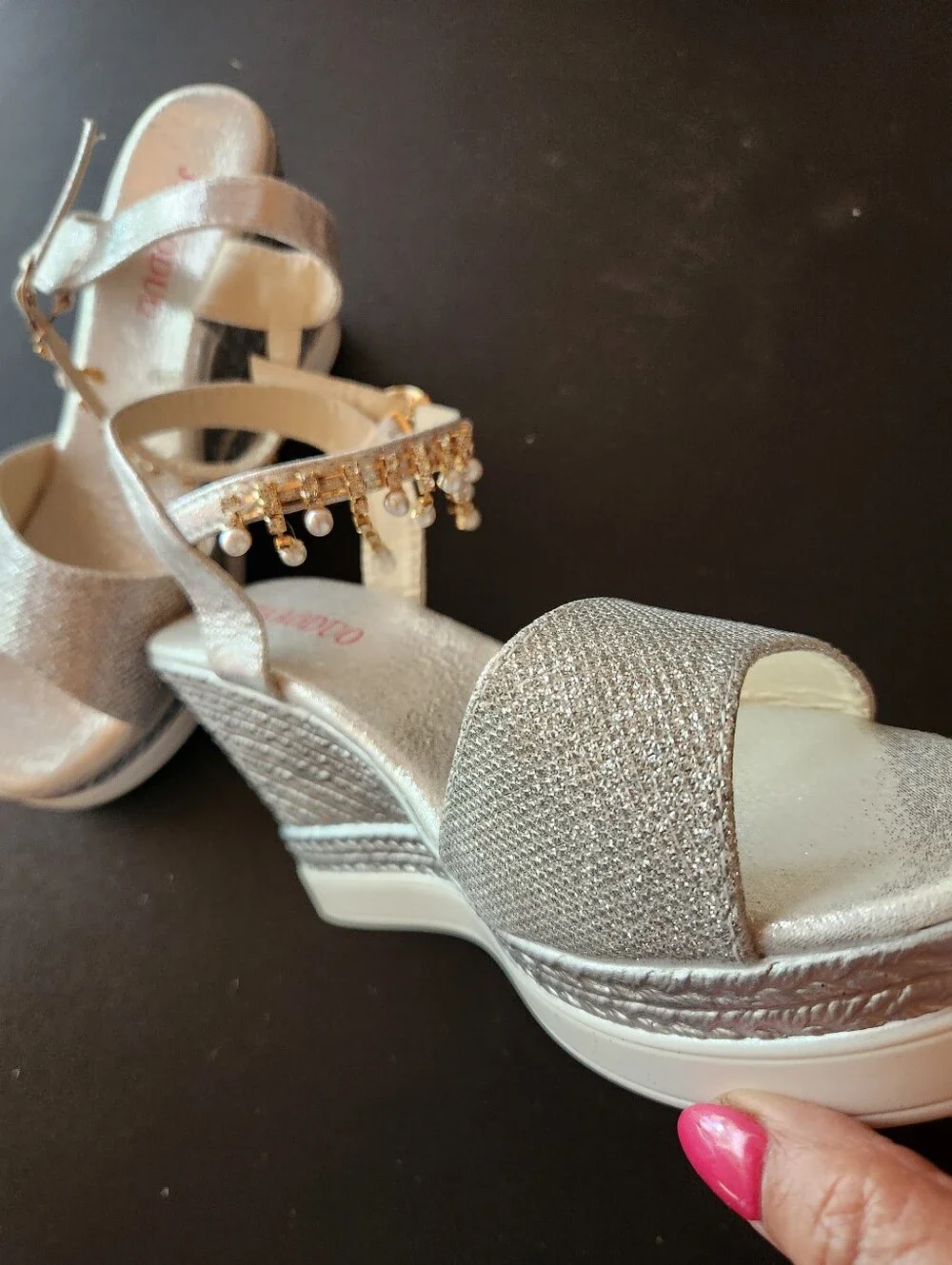 Sparkle Silver Wedge Sandals with Beaded Ankle Strap